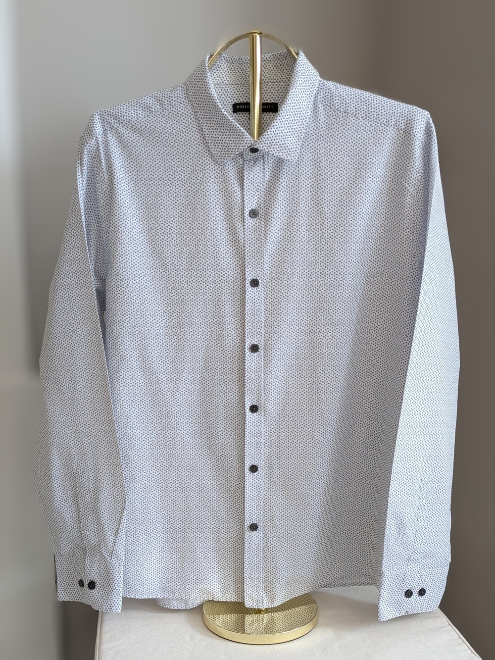 Robert Barakett Men's White Dress Shirt with Navy Micro-Pattern size XL